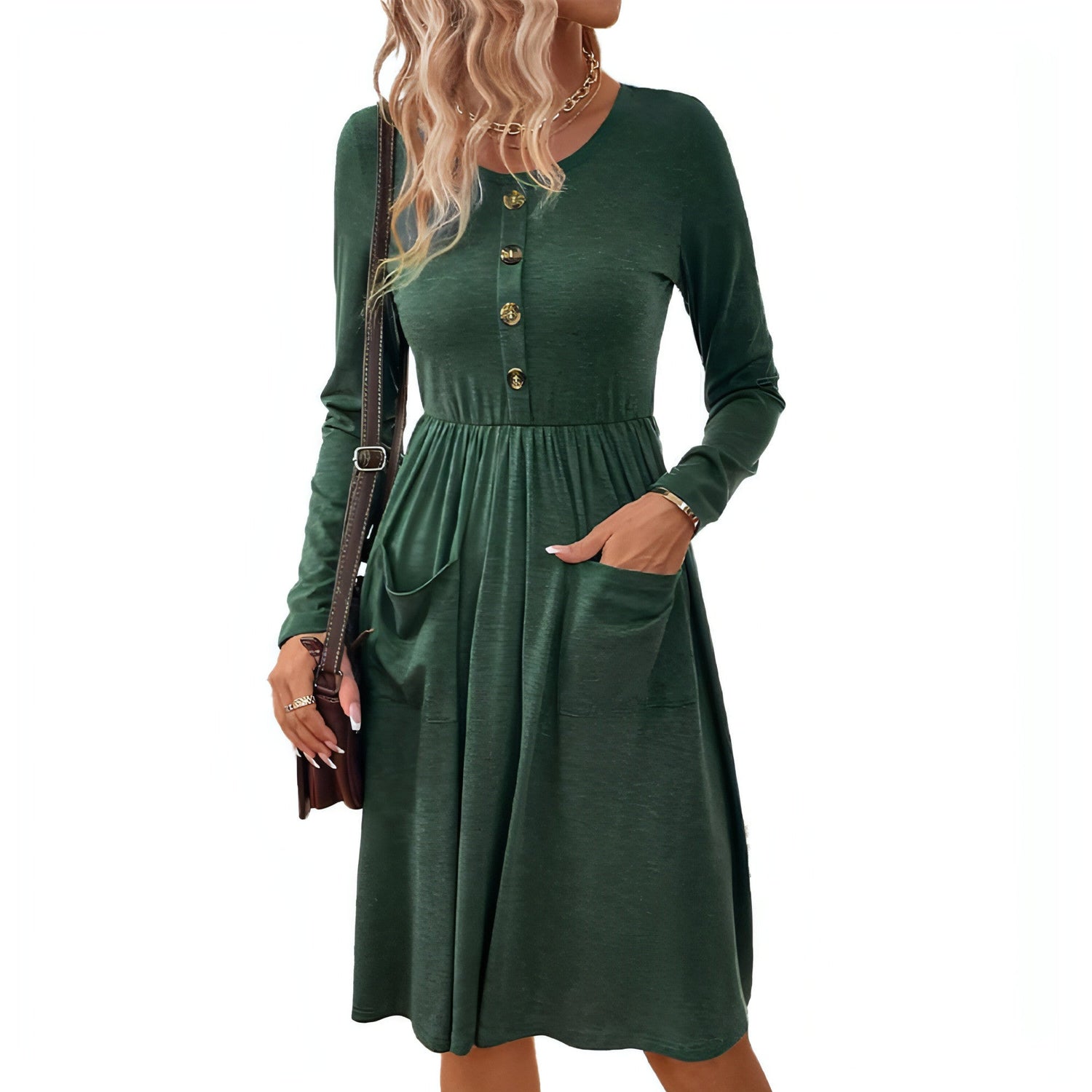 Carmine Juneberry waist-tight knitted long-sleeve dress with round neck, button details, and pocket design.