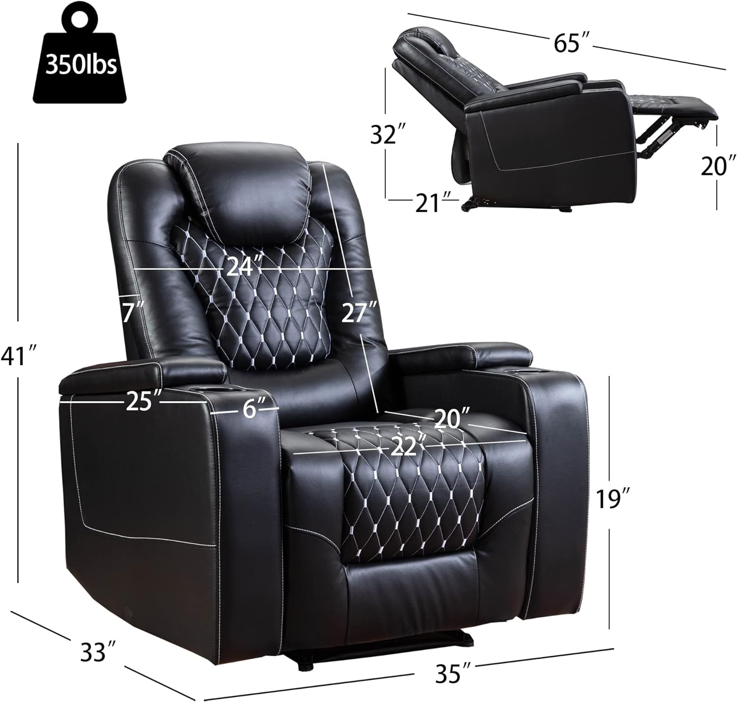 Black Peach Maple power recliner with built-in USB ports and cup holders, featuring plush cushioning and armrests.