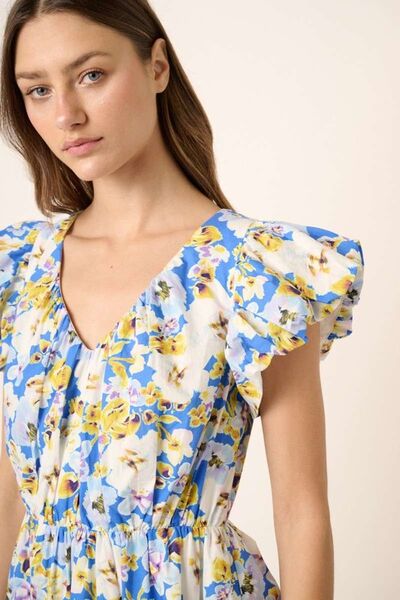 Jade Icarus Mittoshop floral V-neck cap sleeve mini dress for women, with colorful floral pattern and lightweight fabric.
