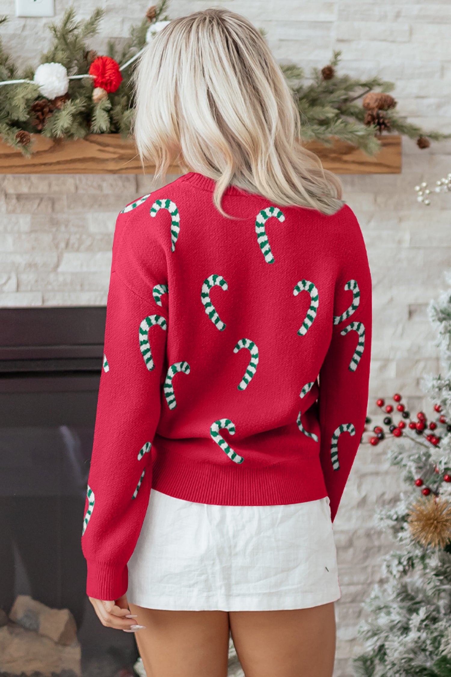 Byzantium Bay Christmas Candy Cane Drop Shoulder Sweater featuring festive red and white candy cane pattern on a cozy knit sweater