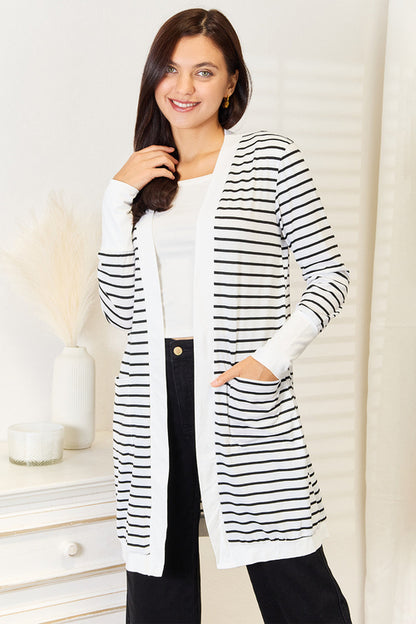 Pear Daisy Double Take Striped Open Front Longline Cardigan, cozy knit with blue and white stripes, perfect for casual wear.