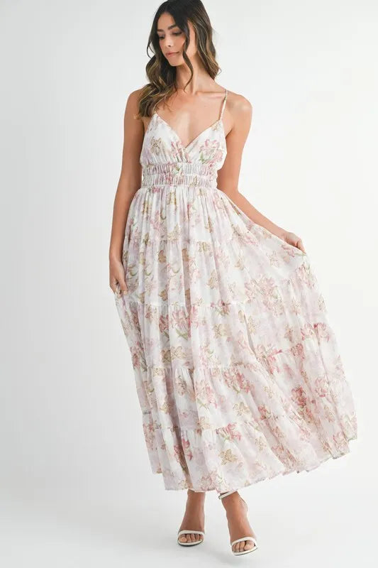 Pear Daisy floral print tiered cami maxi dress with adjustable straps, styled for a casual summer look.