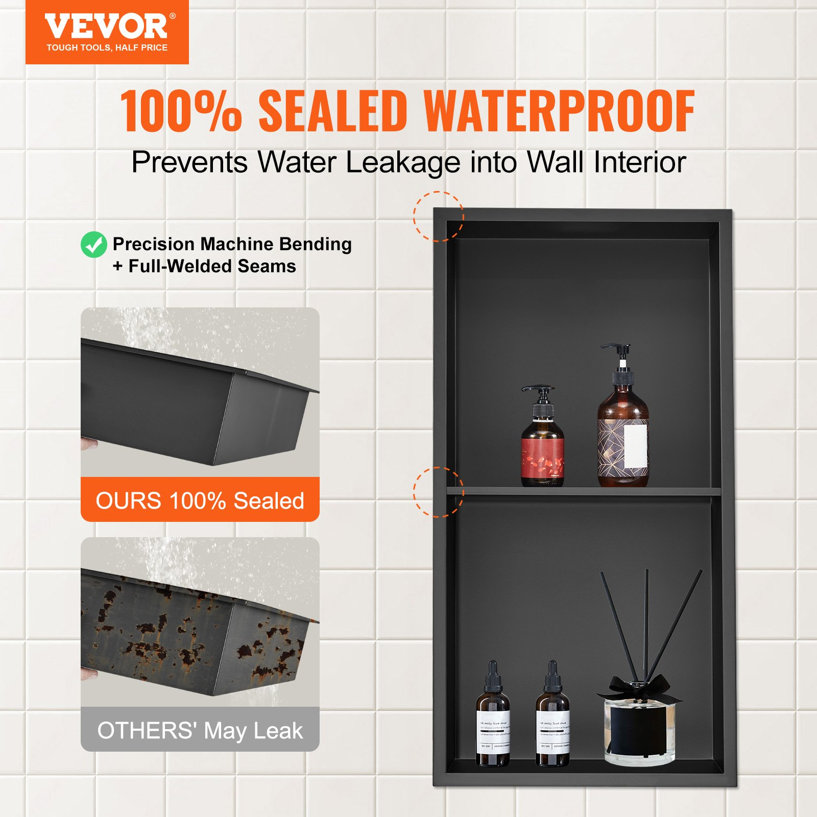 Start2Finish VEVOR 13"x25" stainless steel shower niche with double shelves, waterproof, rust-resistant, and easy to clean for bathroom storage.