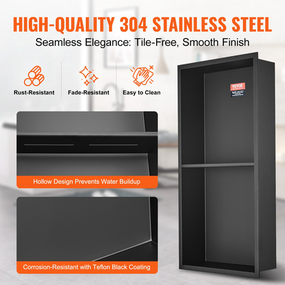 Start2Finish VEVOR 13x25-inch stainless steel shower niche with double shelves, waterproof, rust-resistant, modern wall-insert for bathroom storage