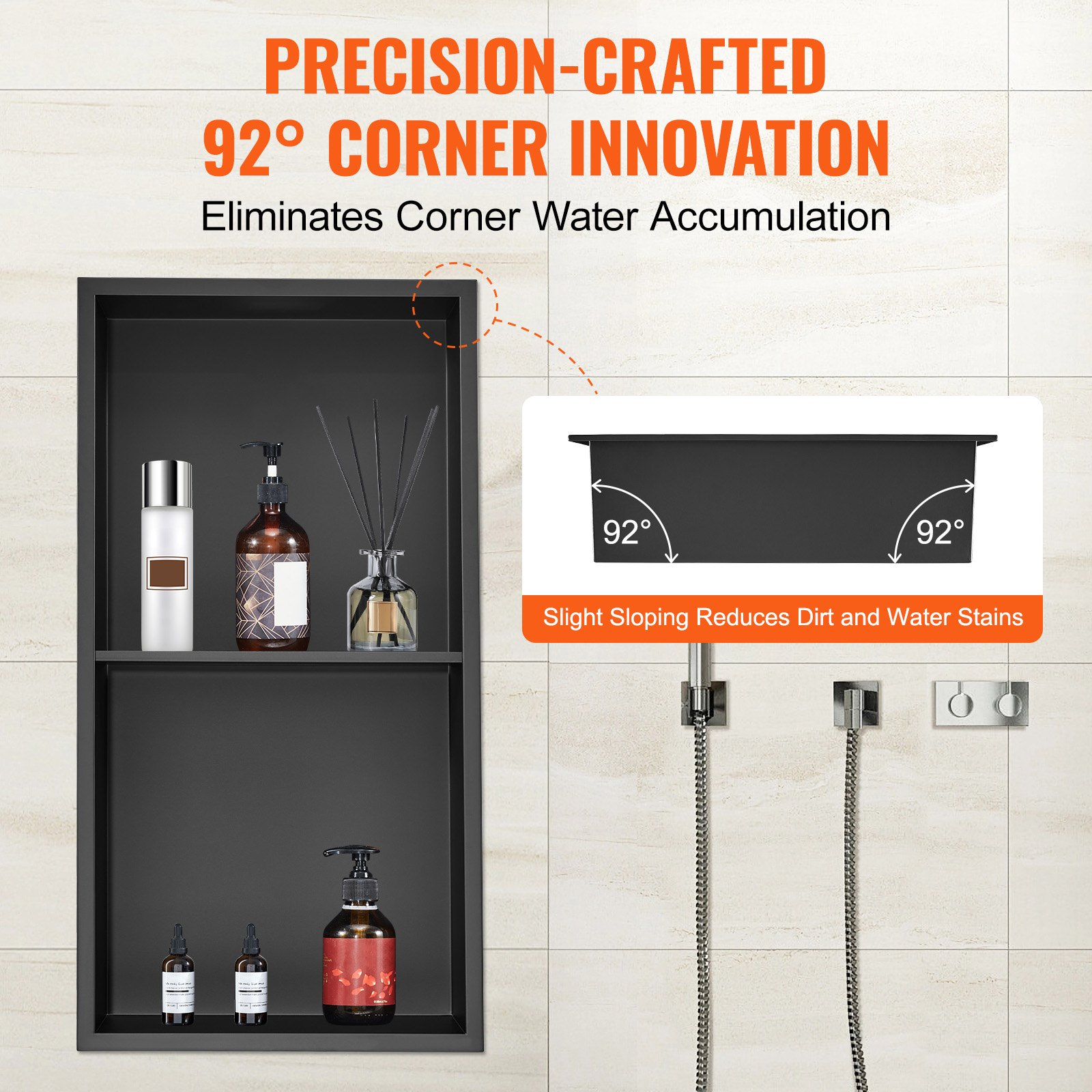 Start2Finish VEVOR stainless steel shower niche with double shelves, waterproof, rust-resistant, ideal for soap and bathroom storage.
