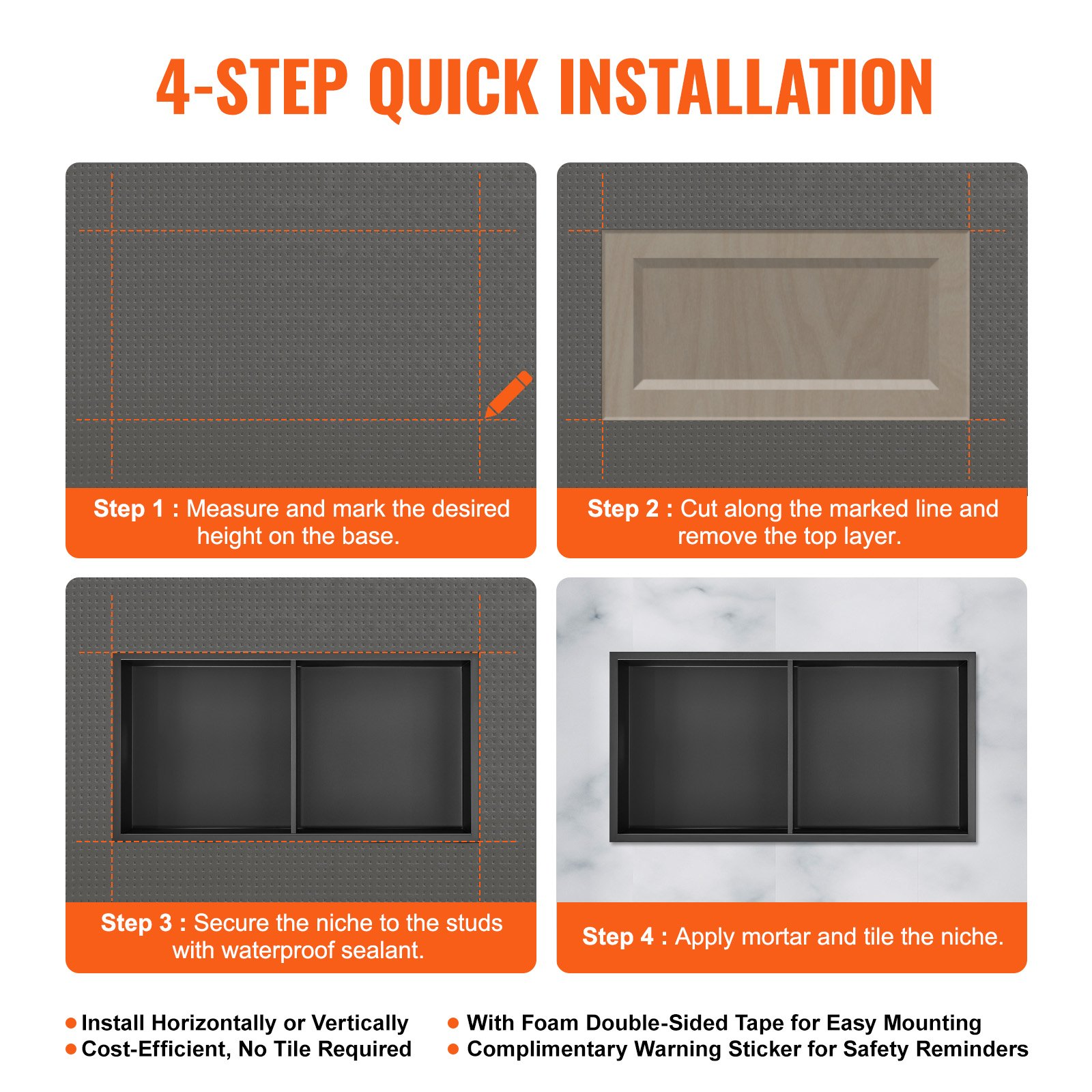 Start2Finish VEVOR 13x25-inch stainless steel shower niche with double shelves, waterproof, rust-resistant, wall-inserted for bathroom storage.