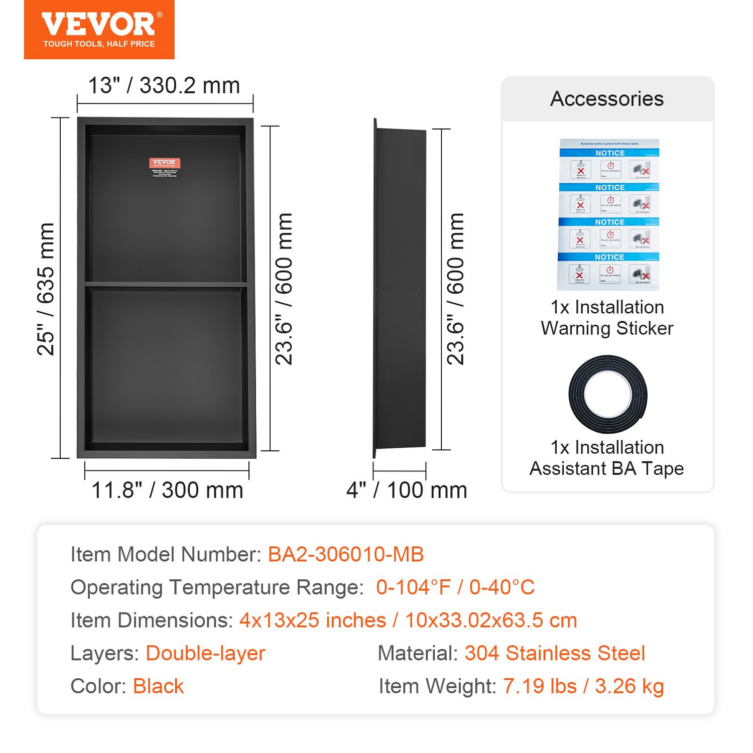 Start2Finish VEVOR 13x25 stainless steel shower niche with double shelves, waterproof, rust-resistant, wall-inserted for bathroom storage.