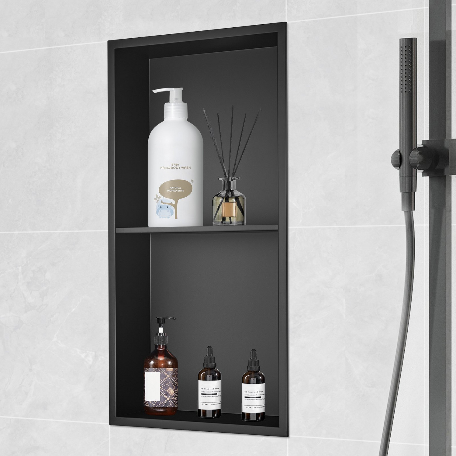 Start2Finish VEVOR 13x25-inch stainless steel shower niche with recessed double shelves, waterproof, rust-resistant bathroom storage.