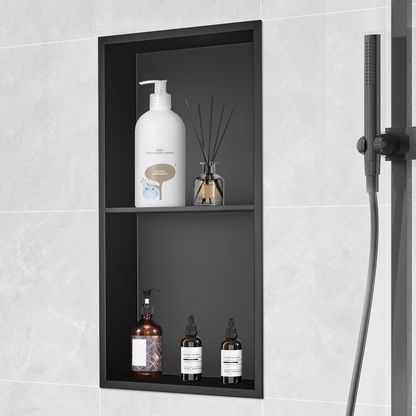 Start2Finish VEVOR 13x25-inch stainless steel shower niche with recessed double shelves, waterproof, rust-resistant bathroom storage.