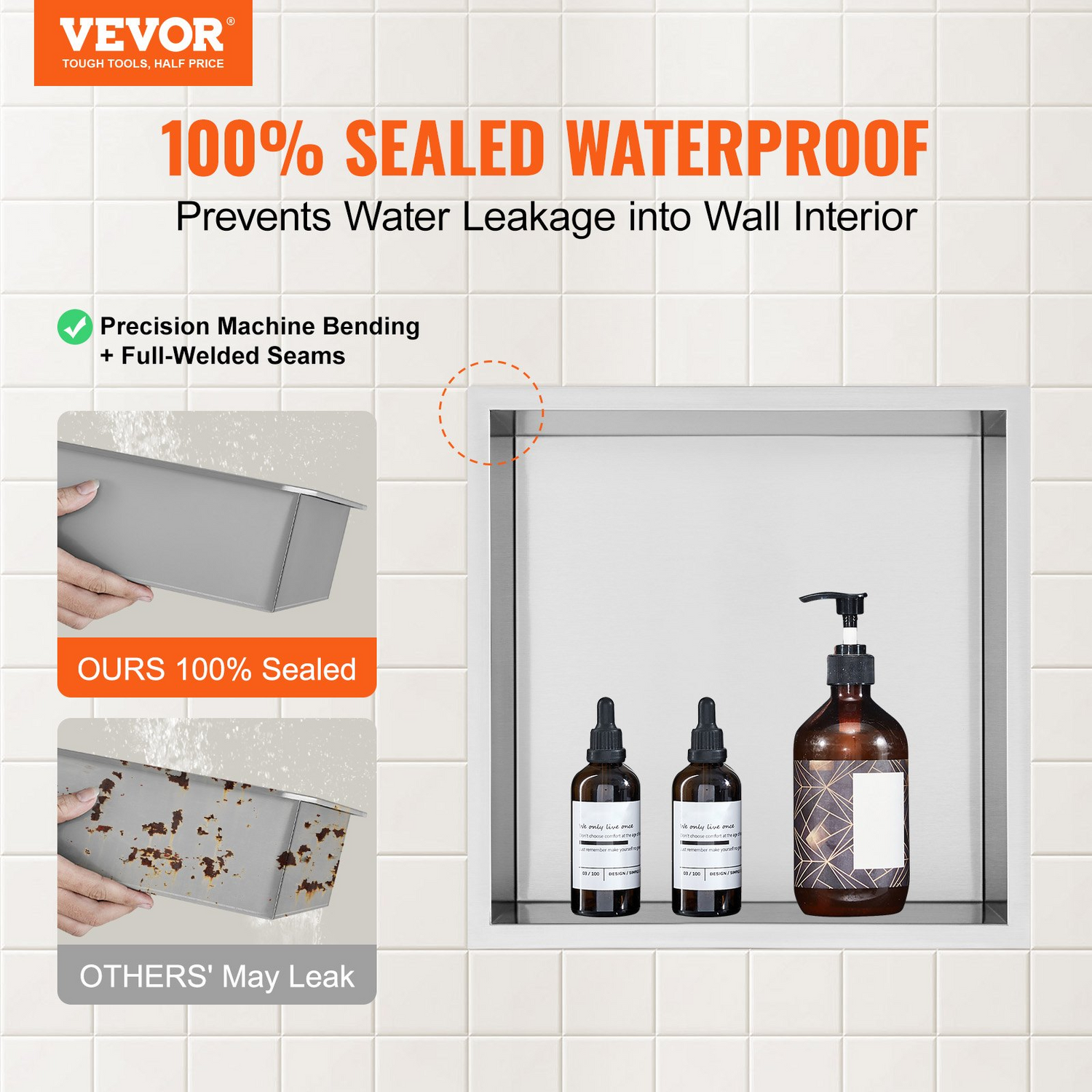 Start2Finish VEVOR 13x13-inch stainless steel shower niche with double shelves, waterproof, rust-resistant for bathroom soap storage.