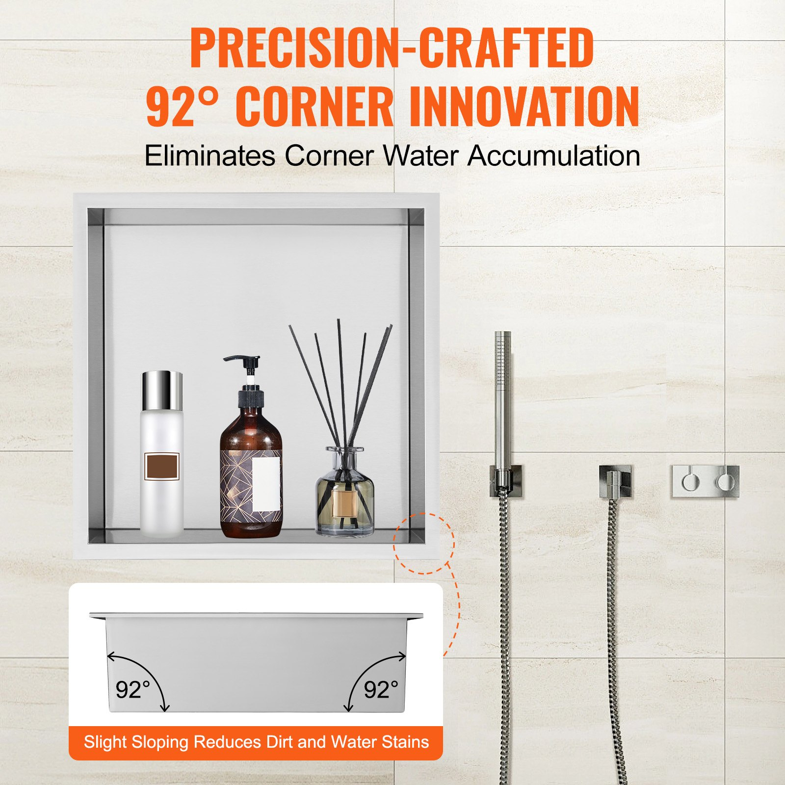 Start2Finish VEVOR 13x13-inch stainless steel shower niche with double shelves, waterproof, rust-resistant bathroom soap storage.