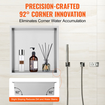 Start2Finish VEVOR 13x13-inch stainless steel shower niche with double shelves, waterproof, rust-resistant bathroom soap storage.
