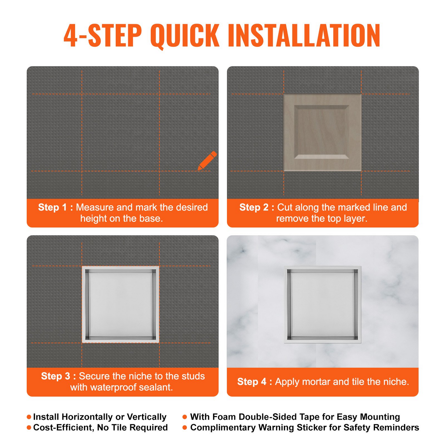 Stainless steel VEVOR 13x13 inch recessed shower niche with double shelves, waterproof and rust-resistant for bathroom soap storage.
