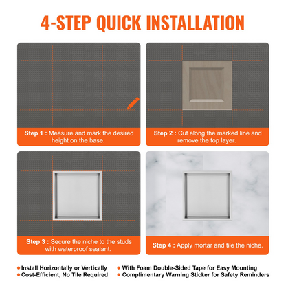 Stainless steel VEVOR 13x13 inch recessed shower niche with double shelves, waterproof and rust-resistant for bathroom soap storage.