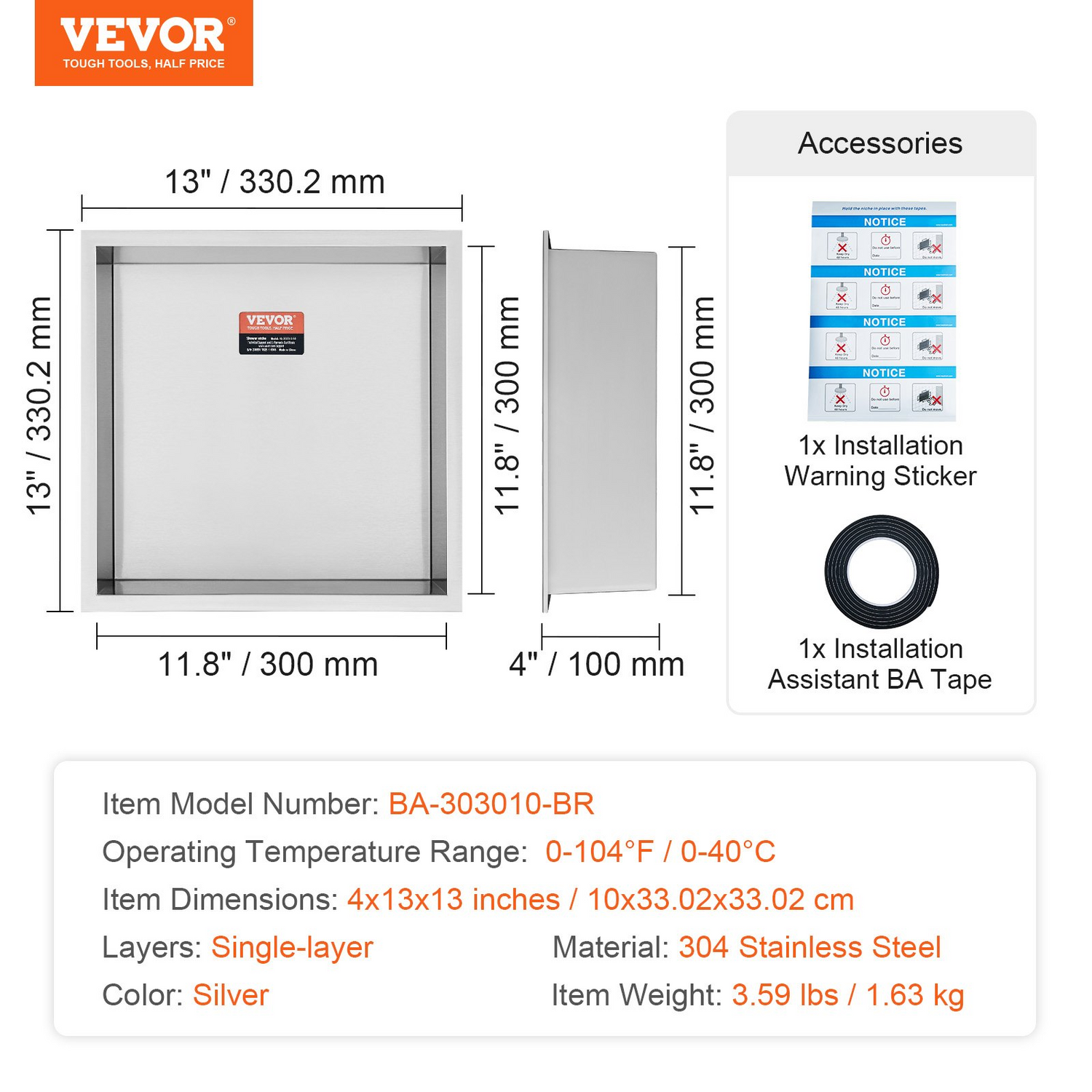 Start2Finish VEVOR 13x13-inch stainless steel shower niche with double shelves, waterproof and rust-resistant for bathroom soap storage