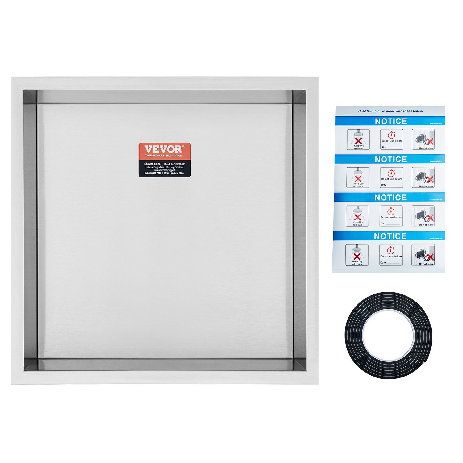 Start2Finish VEVOR 13x13-inch stainless steel shower niche with double shelves for waterproof soap storage in modern bathroom.