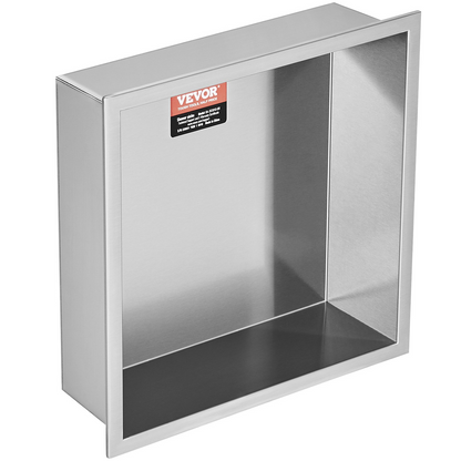 Start2Finish VEVOR 13x13 inch stainless steel shower niche with double shelves, wall-inserted waterproof bathroom soap storage.