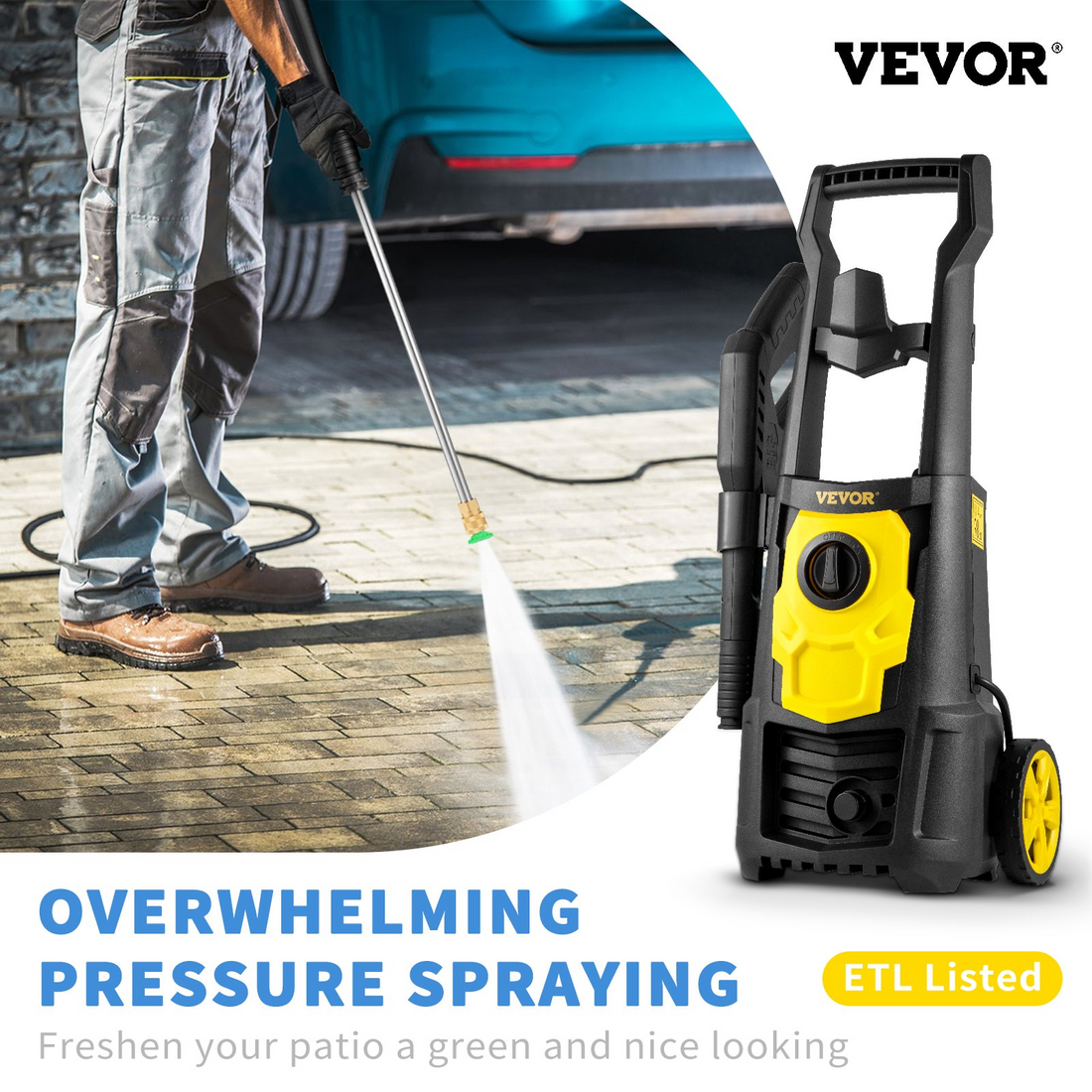 Start2Finish VEVOR electric pressure washer with 2000 PSI, 30 ft hose, 5 quick connect nozzles, foam cannon, for cleaning patios and cars.