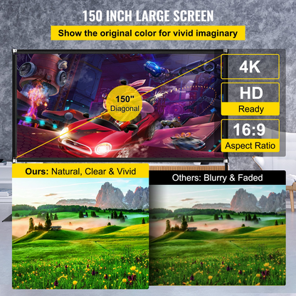 Start2Finish VEVOR 150-inch portable outdoor projector screen with stand, easy to assemble, 16:9 aspect ratio, HD 4K compatible.