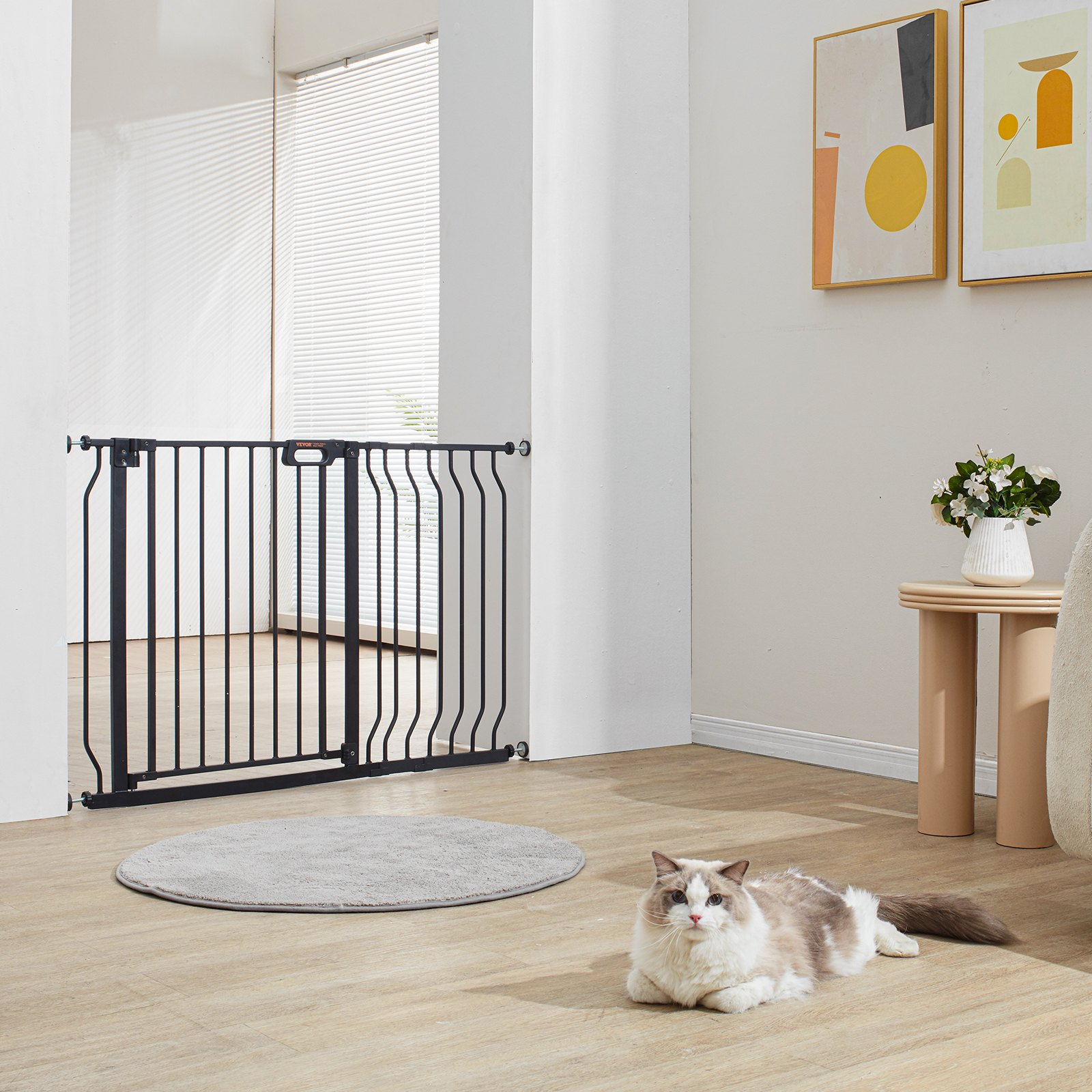 Start2Finish VEVOR baby gate in black, 30" high, adjustable width 29.5"-46.4", for stairs, doorways, with auto-close and pressure mount.