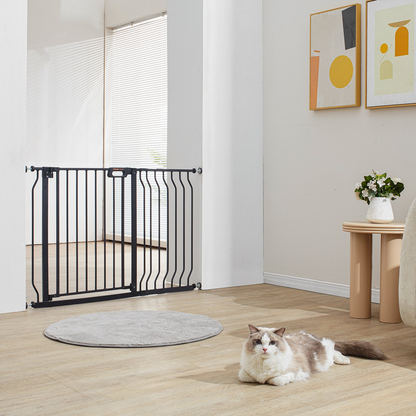 Start2Finish VEVOR baby gate in black, 30" high, adjustable width 29.5"-46.4", for stairs, doorways, with auto-close and pressure mount.