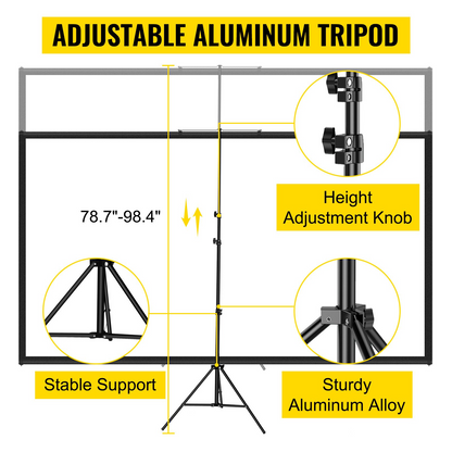 Start2Finish VEVOR 90-inch 16:9 portable projector screen with stand, wrinkle-free, height adjustable for indoor and outdoor entertainment.