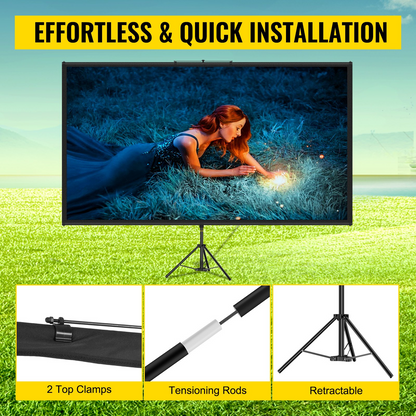 Start2Finish VEVOR 80-inch portable projector screen with stand, wrinkle-free, adjustable height, ideal for indoor and outdoor movies.