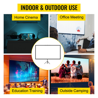 Start2Finish VEVOR 80-inch 16:9 portable projector screen with stand, wrinkle-free, height adjustable for indoor and outdoor use.