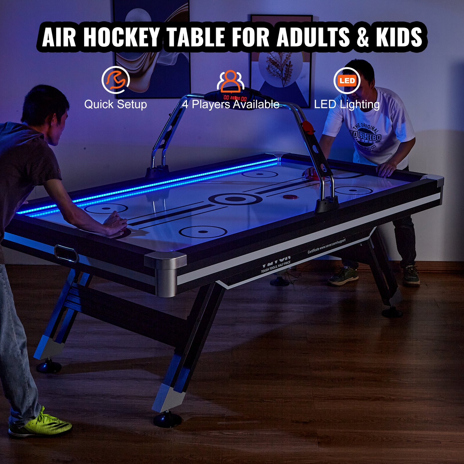Start2Finish VEVOR air-powered hockey table with LED score system, 89-inch indoor game set, includes pucks and pushers for family fun.