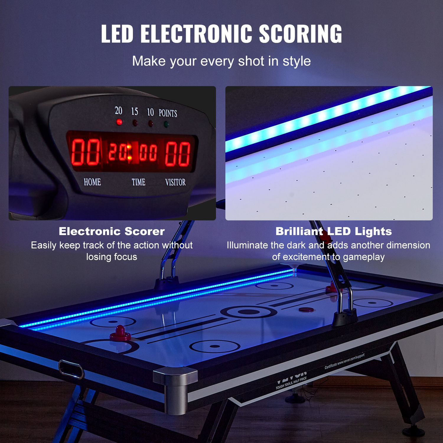 Start2Finish VEVOR Air-Powered Hockey Table with LED score system, pucks, pushers, for indoor game room or family entertainment.