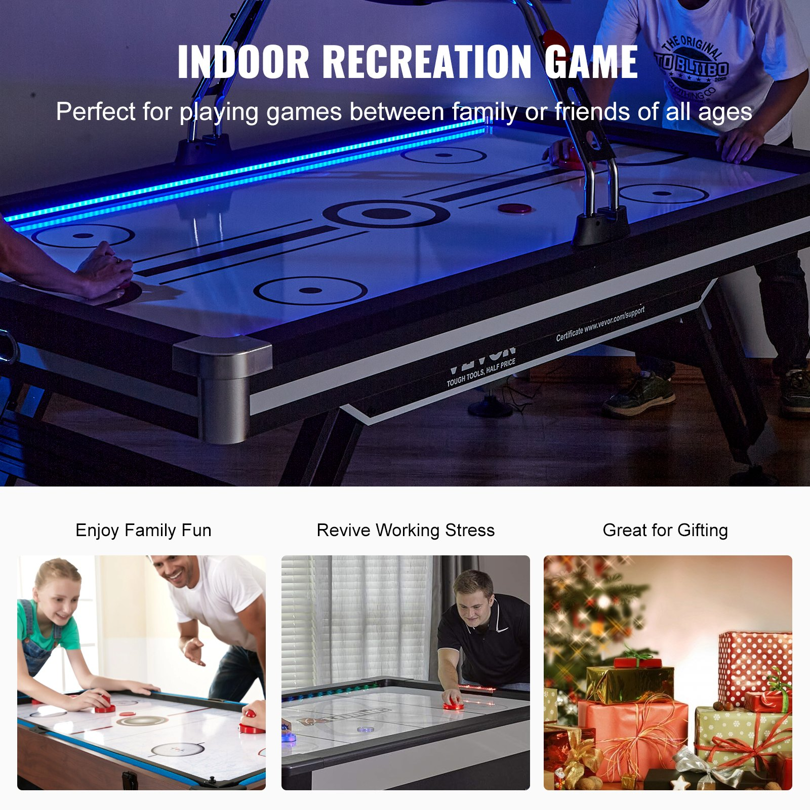 Start2Finish VEVOR air-powered hockey table with LED score display, two pucks, pushers, and electronic scoring for family game room.