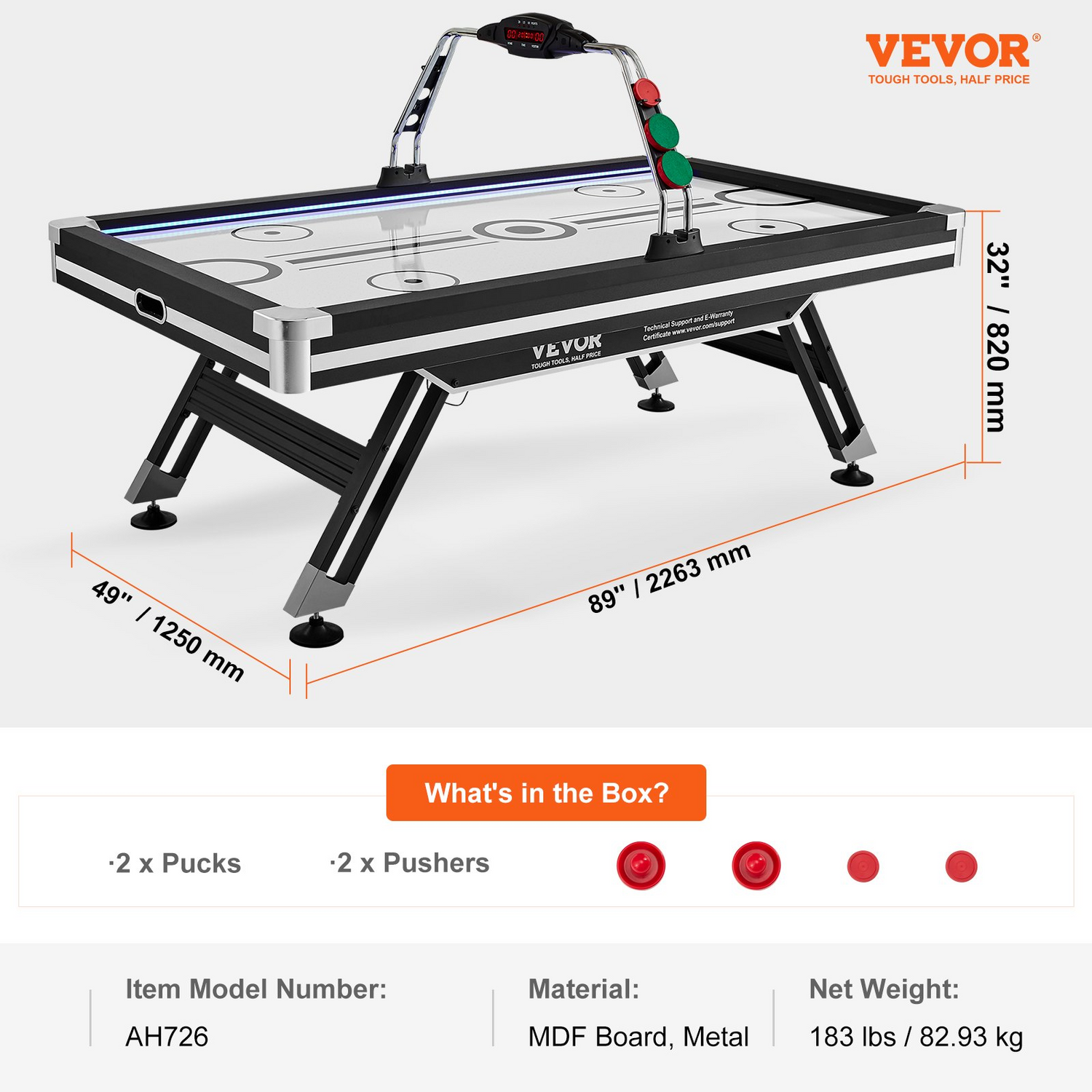 Start2Finish VEVOR air-powered indoor hockey table with LED score system, two pucks, pushers, and electronic game for family fun.