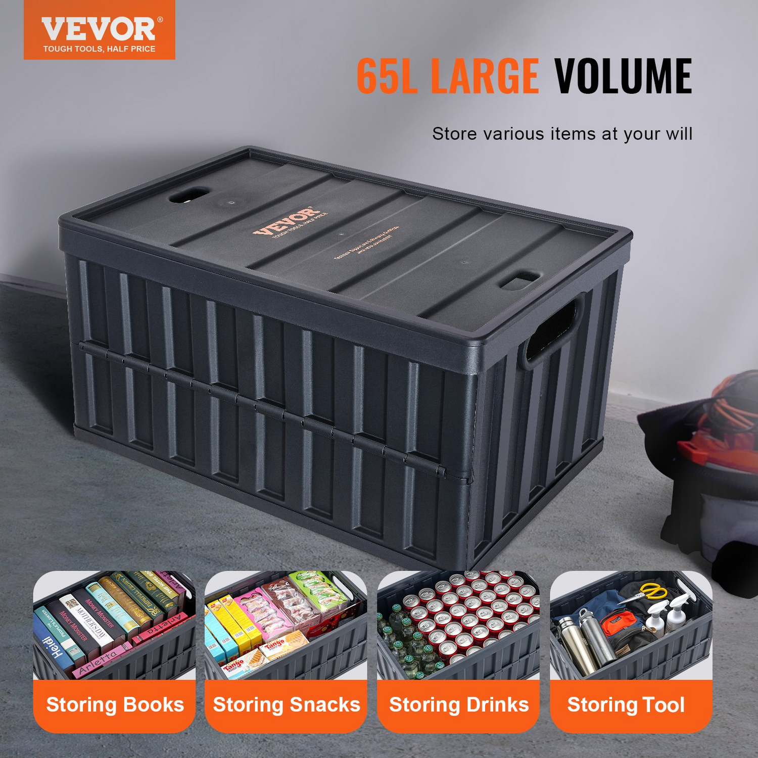Set of three VEVOR collapsible storage bins with lids, large 65L plastic crates with handles for organizing clothes, toys, and groceries