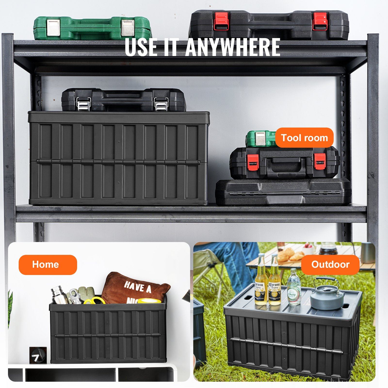 Start2Finish VEVOR collapsible storage bins with lids, 65L, stackable plastic crates for organizing clothes, toys, books, and groceries.