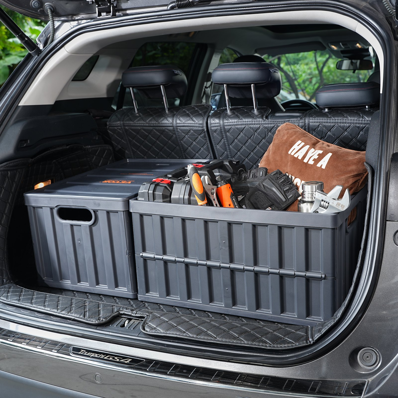 Start2Finish VEVOR collapsible storage bins with lids, 65L large plastic stackable crates with handles for organizing clothes, toys, and groceries.