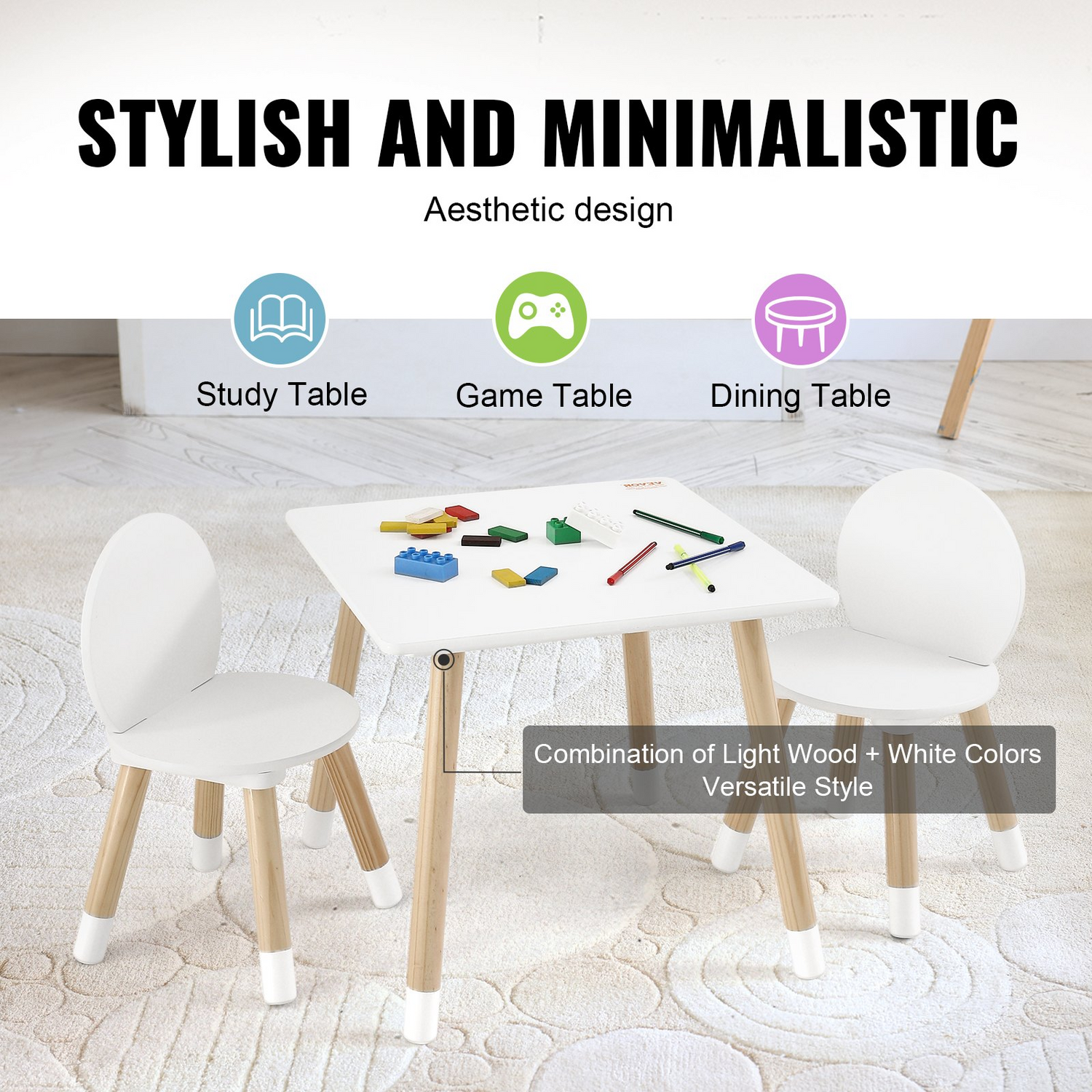 Start2Finish kids table with two chairs, toddler furniture set for art, craft, reading, and learning activities in a colorful playroom setting.