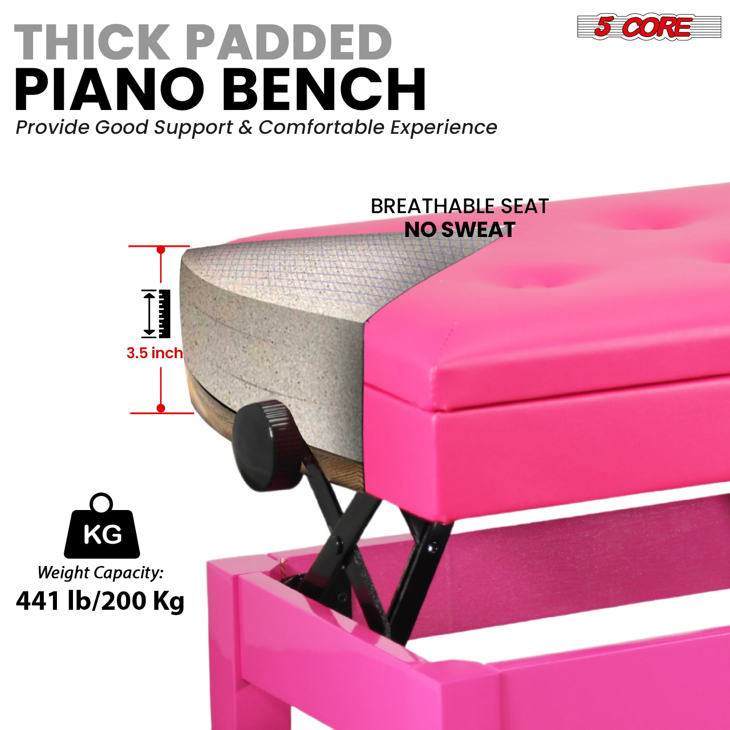 Start2Finish 5 Core Duet Piano Bench with padded cushion, wooden frame, and storage compartment for musicians.