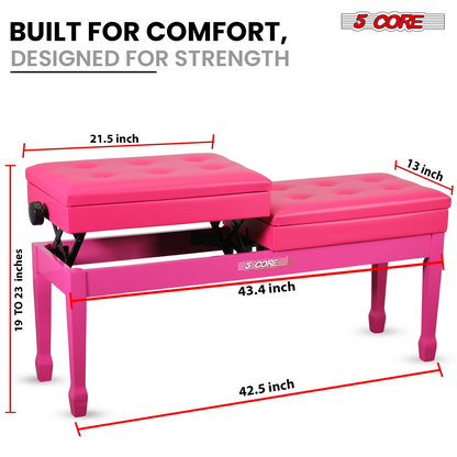 Start2Finish 5 Core Duet Piano Bench with padded cushion, wooden frame, and storage compartment for musical instruments.