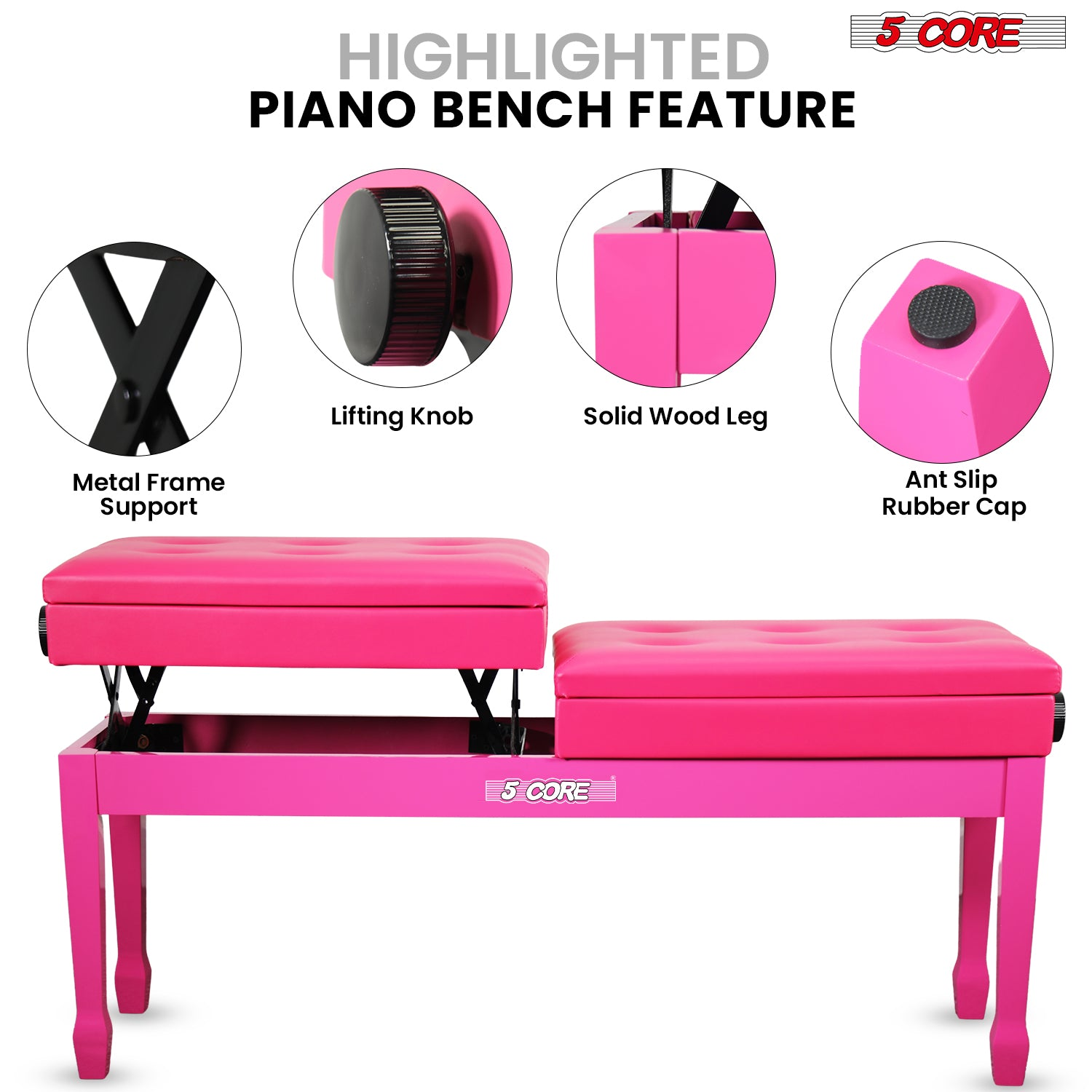 Start2Finish 5 Core Duet Piano Bench with padded cushion, wooden frame, storage compartment, heavy-duty musician stool for piano or keyboard.