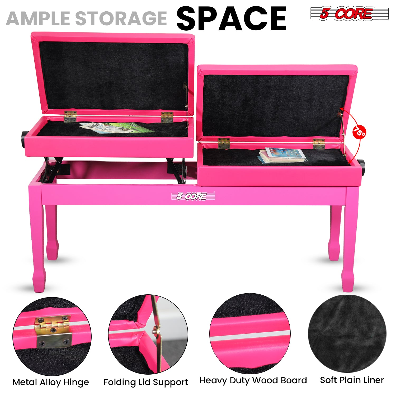 Start2Finish 5 Core Duet Piano Bench with padded cushion, wooden frame, and storage compartment for musical instrument comfort.