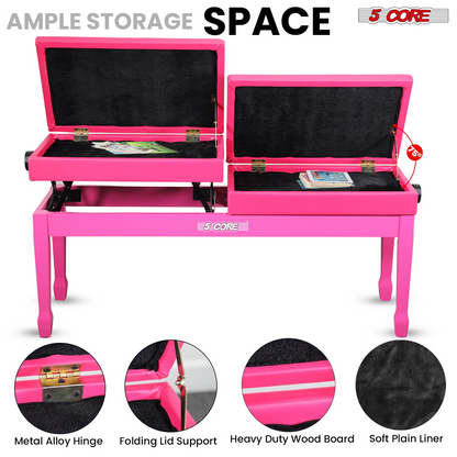 Start2Finish 5 Core Duet Piano Bench with padded cushion, wooden frame, and storage compartment for musical instrument comfort.