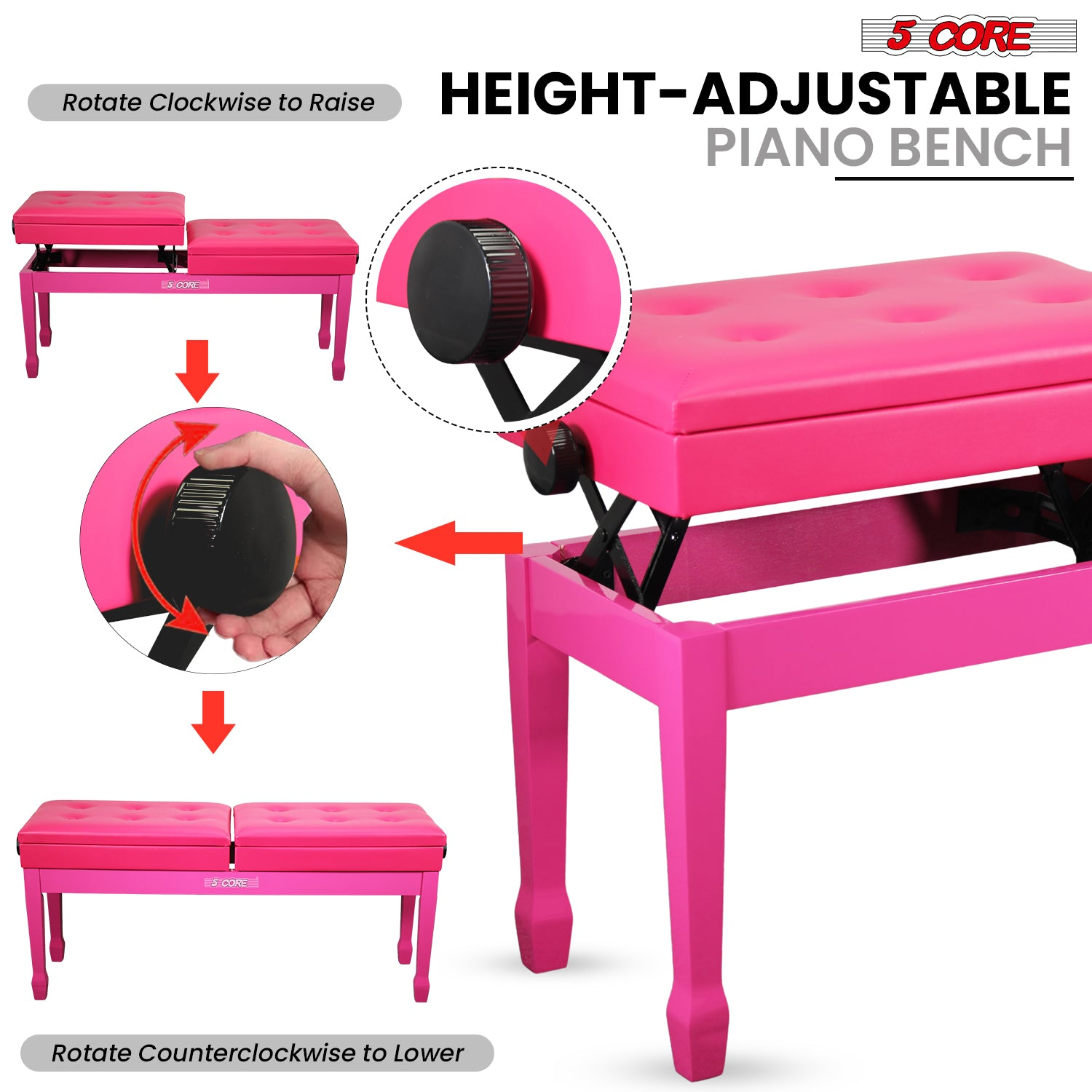Start2Finish 5 Core Duet Piano Bench with padded cushion, wooden frame, and storage compartment, ideal for musicians and pianists.