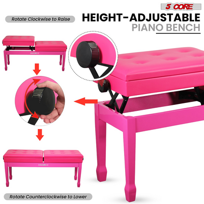 Start2Finish 5 Core Duet Piano Bench with padded cushion, wooden frame, and storage compartment, ideal for musicians and pianists.