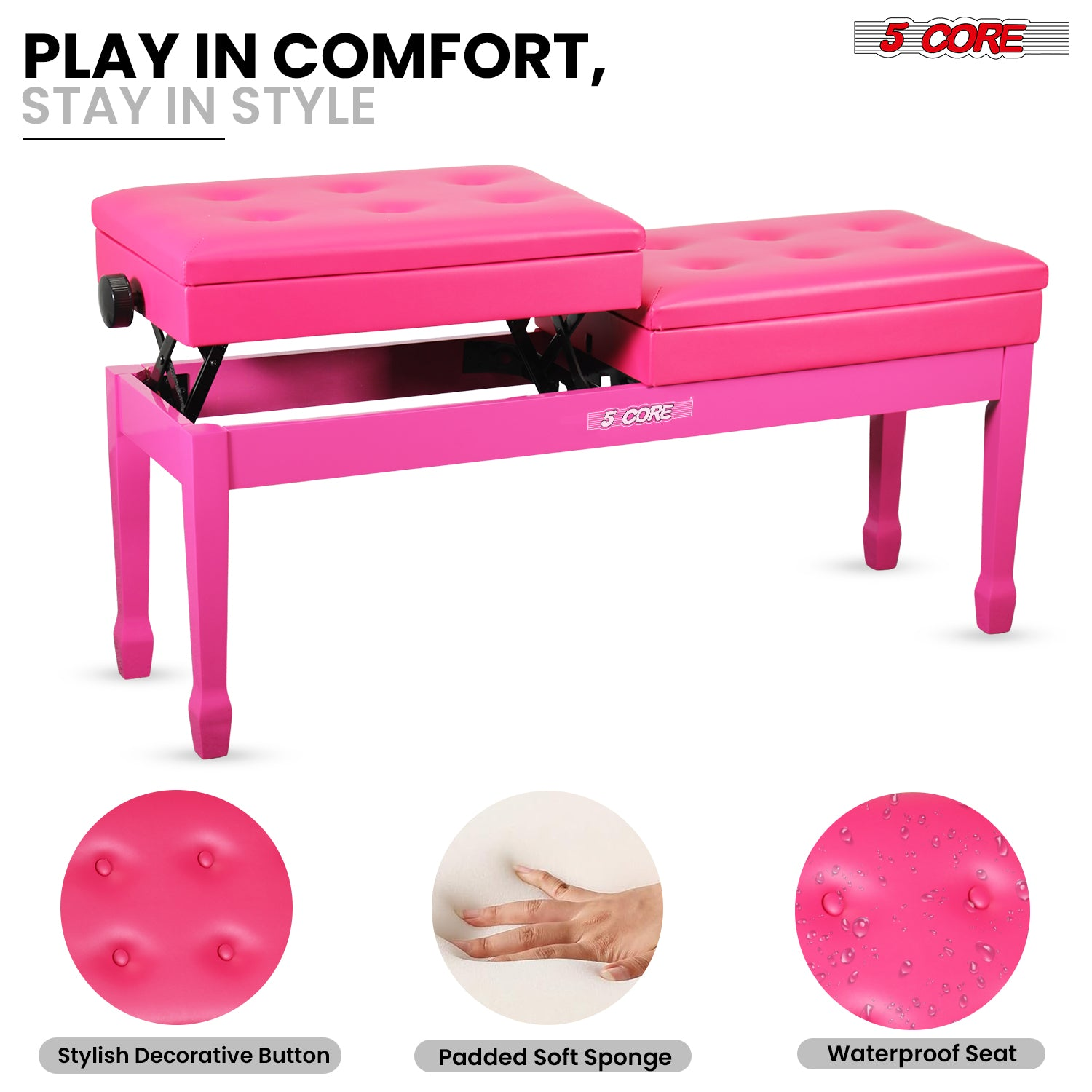 Start2Finish 5 Core Duet Piano Bench with 3.5-inch padded cushion, wooden frame, and built-in storage for musicians.