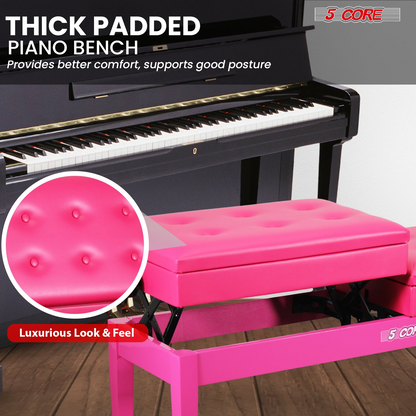 Start2Finish 5 Core Duet Piano Bench with 3.5-inch padded cushion, wooden construction, and built-in storage for musicians.
