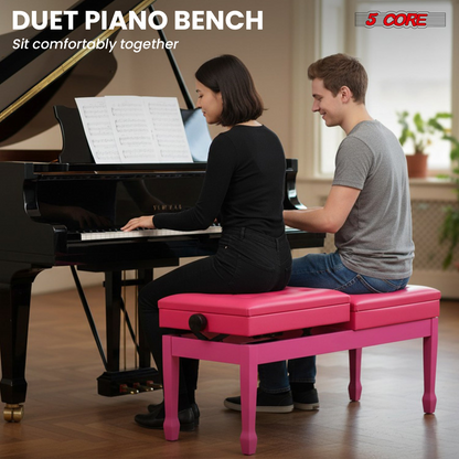 Start2Finish 5 Core Duet Piano Bench with padded cushion, wooden frame, and storage compartment, designed for musicians and music students.