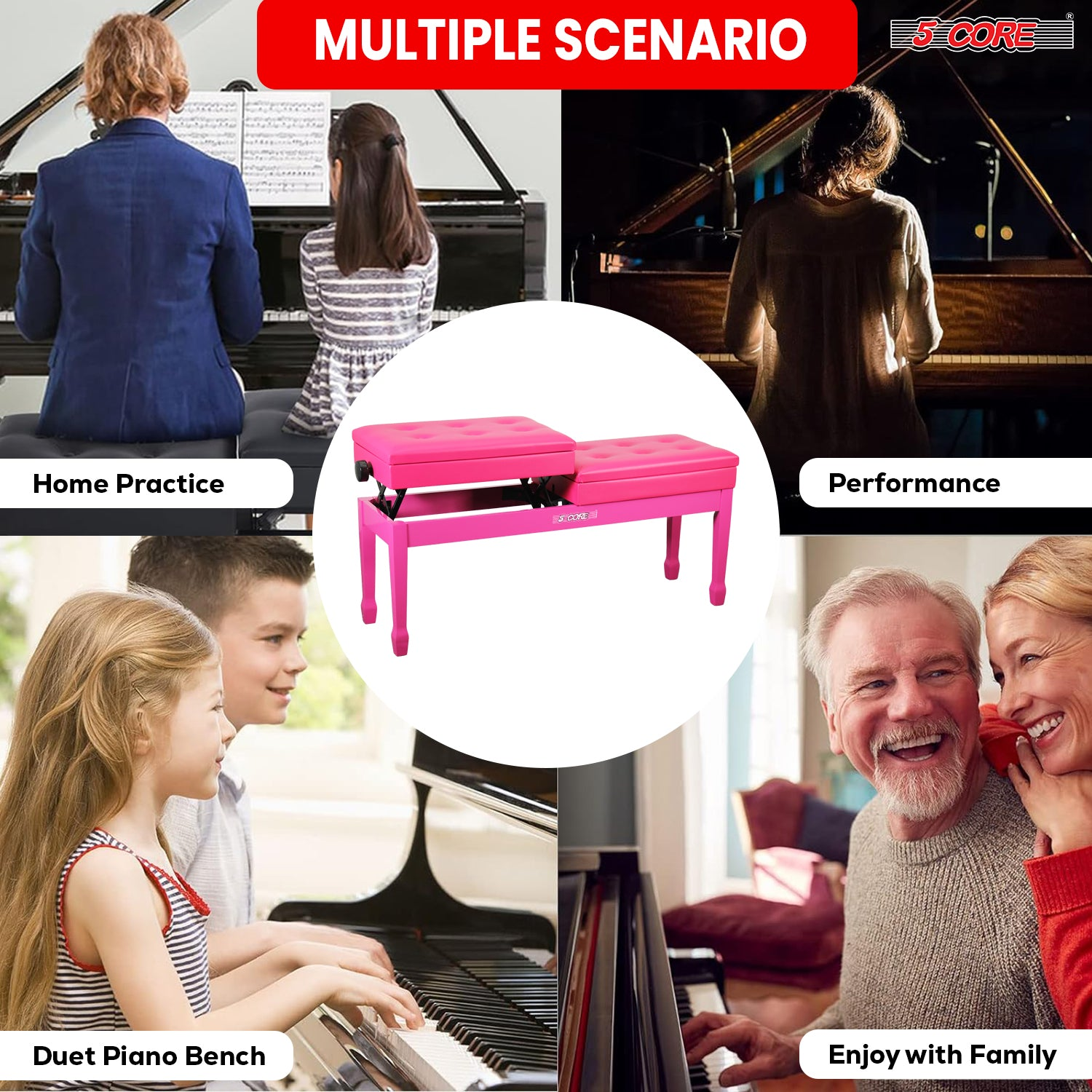 Start2Finish 5 Core Duet Piano Bench with padded cushion, wooden frame, and storage for musical instrument practice.