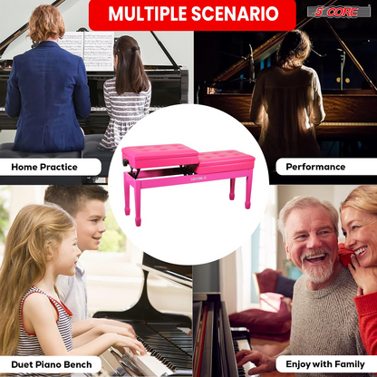 Start2Finish 5 Core Duet Piano Bench with padded cushion, wooden frame, and storage for musical instrument practice.