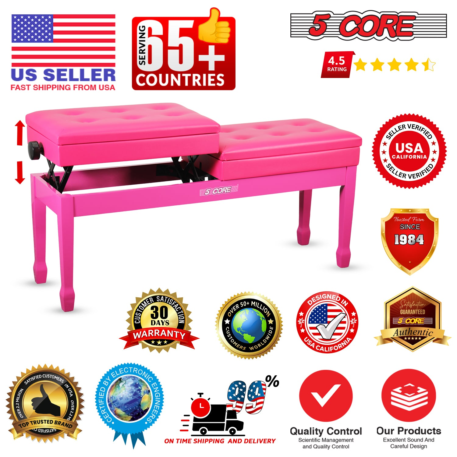 Start2Finish 5 Core Duet piano bench with padded cushion, wooden frame, storage compartment, heavy-duty musician chair for pianists