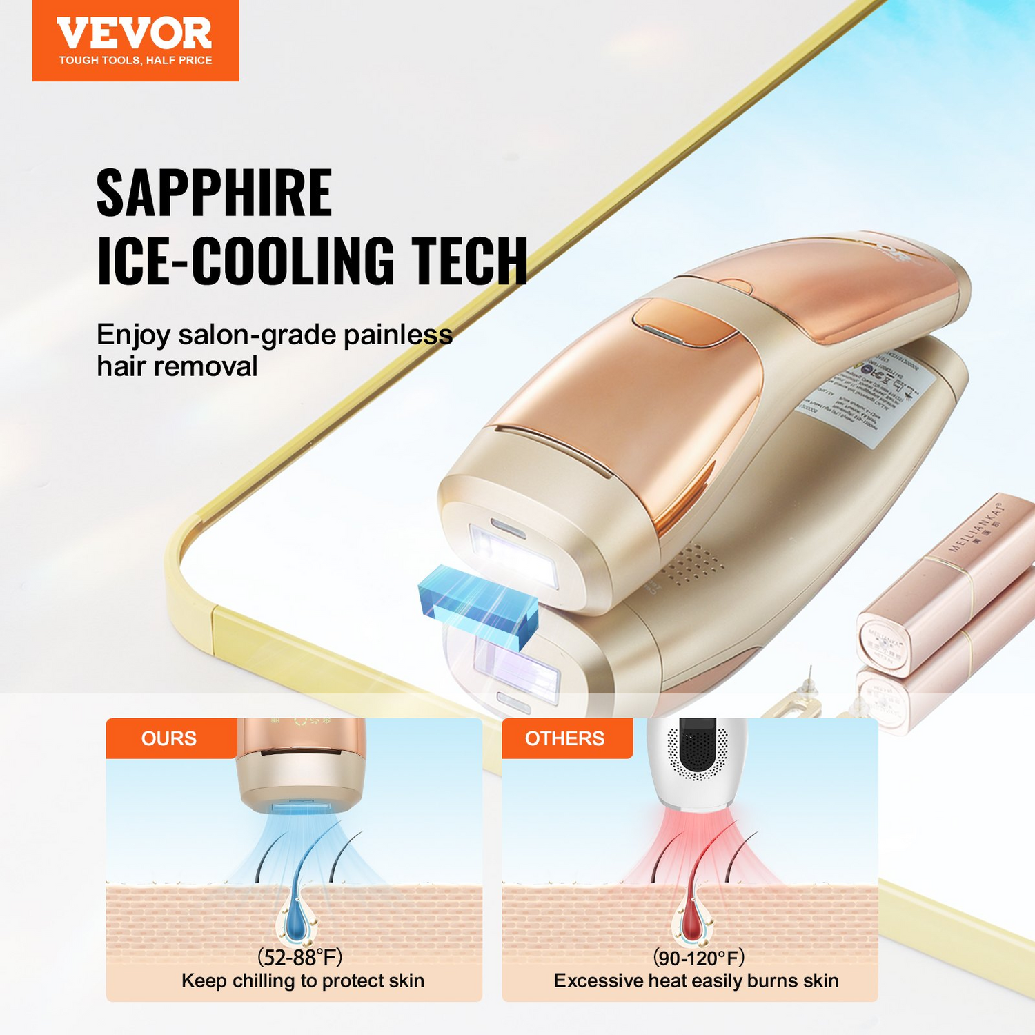 Start2Finish VEVOR IPL hair removal device with sapphire cooling system, showing device with control panel for at-home use.